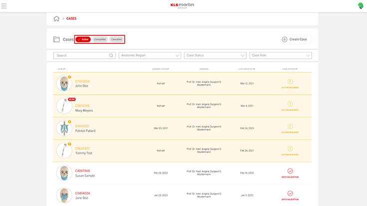 Fallübersicht mit direkter Auswahl laufender oder archivierter (abgeschlossen und abgebrochen) Fälle