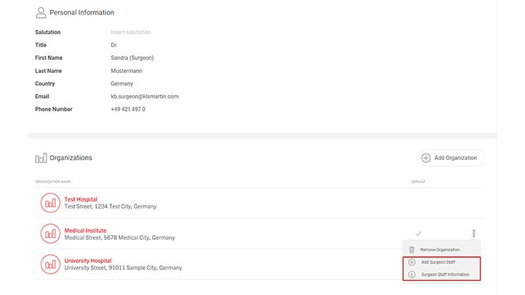 Hinzufügen des neuen oder Anschauen des bereits hinterlegten Surgeon Staff in Ihrem Profil
